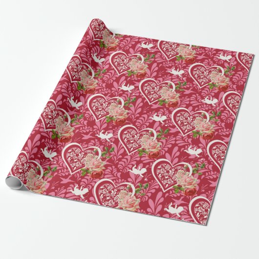 Papier Cadeau Fleur rustique Coeurs rouges bébé ange (Déroulé)