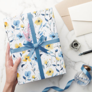 Papier Cadeau Fleur sauvage aquarelle bleu jaune