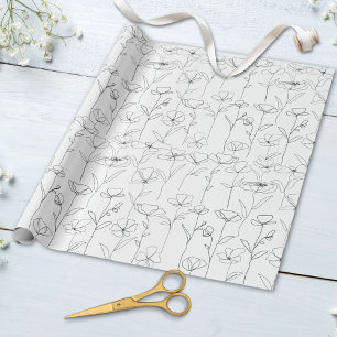 Papier Cadeau Fleur sauvage de pavot Floral minimaliste noir et 