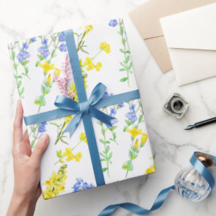 Papier Cadeau Fleur sauvage jaune bleu aquarelle botanique