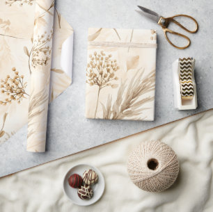 Papier Cadeau Fleur Séchée Botanique Beige