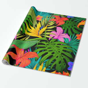 Papier Cadeau Fleur tropicale et feuille de palmier coloré hawaï