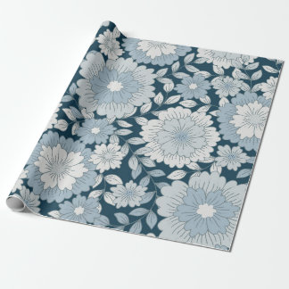 Papier Cadeau Fleurie Groovy Bleu Nuit et Bleu Acier Vintage