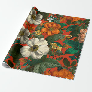 Papier Cadeau Fleurie Vintage Gras Orange Vert Botanique
