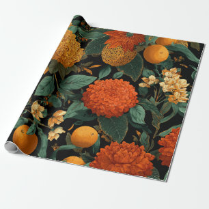 Papier Cadeau Fleuris Vintage Floral Orange Vert Rustique