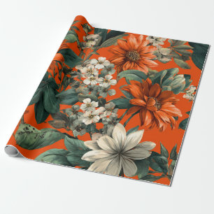 Papier Cadeau Fleuris vintage gras botanique orange vert