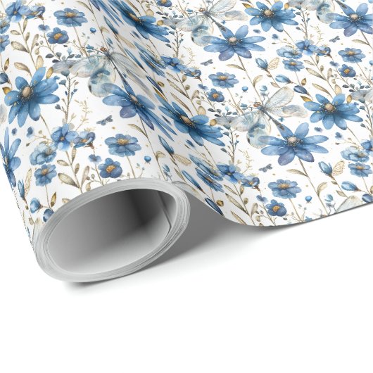 Papier cadeau fleuriste Libellule bleue et fleurs (Coin rond)