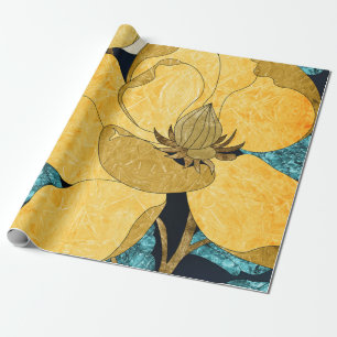 Papier Cadeau Fleuron doré avec Feuilles Turquoises Floral Abstr