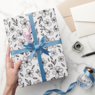 Papier Cadeau Fleurs à l'encre minimalistes sur fond blanc