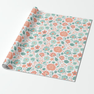 Papier Cadeau Fleurs Abstraites Corail et Vert Minimaliste