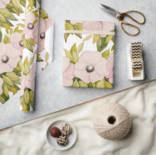 Papier Cadeau Fleurs Aquarelles Anémoniques Soft Rose Peint À La