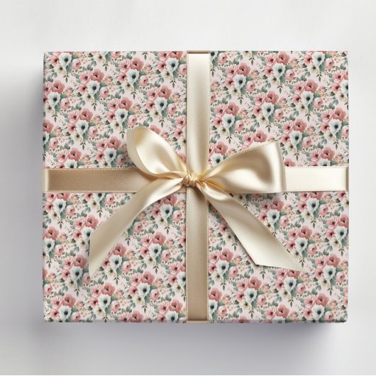 Papier Cadeau Fleurs aquarelles blanches et roses