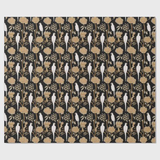 PAPIER CADEAU FLEURS ART DÉCO, PIROTS BLANCS SUR NOIR (Plat)