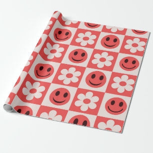 Papier Cadeau Fleurs blanches à carreaux et visages souriants ro