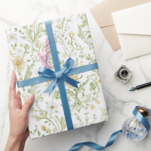 Papier Cadeau Fleurs blanches crème Baby Shower de mariage