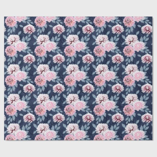 Papier Cadeau Fleurs blanches et roses sur bleu foncé. (Plat)
