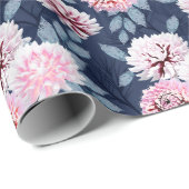 Papier Cadeau Fleurs blanches et roses sur bleu foncé. (Coin rond)