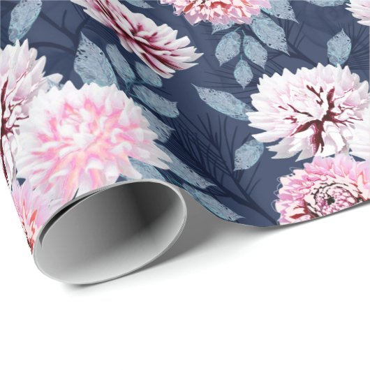 Papier Cadeau Fleurs blanches et roses sur bleu foncé. (Coin rond)