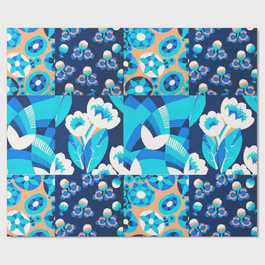 PAPIER CADEAU FLEURS BLANCHES HAWAII BLEU BOLD FLORAL PATCHWORK (Plat)
