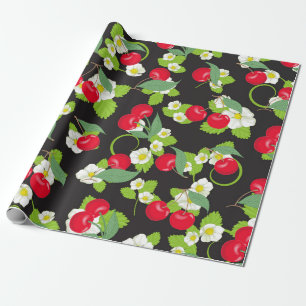 Papier Cadeau Fleurs blanches jolies feuilles vertes fruit ceris