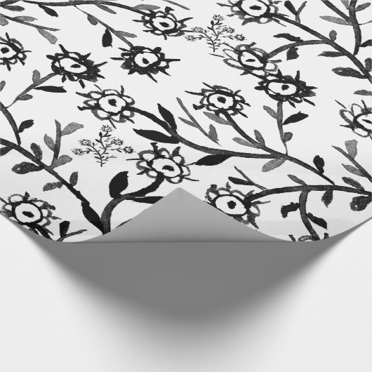 Papier Cadeau Fleurs blanches noires tirées par la main (Coin)