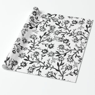 Papier Cadeau Fleurs blanches noires tirées par la main