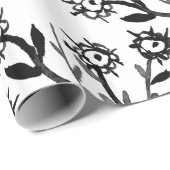 Papier Cadeau Fleurs blanches noires tirées par la main (Coin rond)