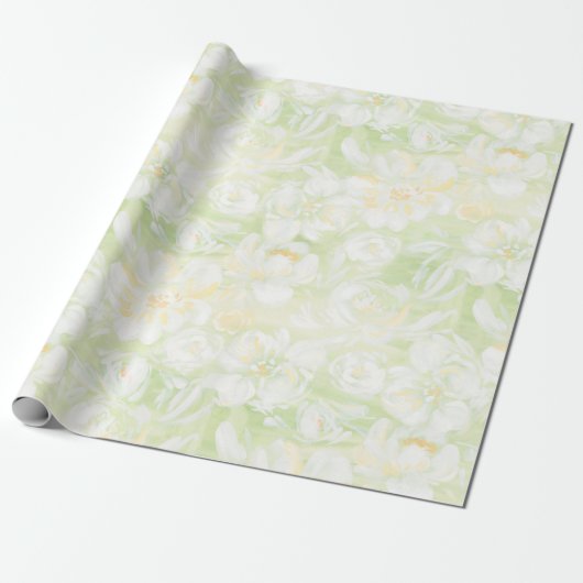 Papier Cadeau Fleurs blanches pincées sur papier d'emballage ver (Déroulé)