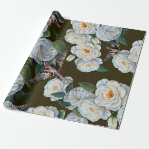 Papier Cadeau Fleurs blanches rose avec dessin feuille en pastel