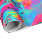 Papier Cadeau FLEURS BLANCHES rose fushia jaune, bleu turquoise (Coin rond)