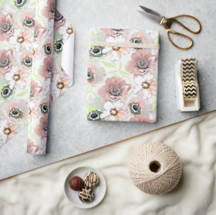 Papier Cadeau Fleurs blanches, roses.