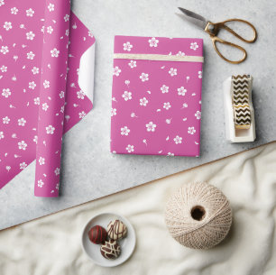 Papier Cadeau Fleurs blanches sur rose chaud