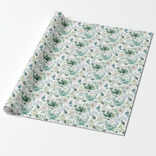 Papier Cadeau Fleurs Blanches Verdure Mariage Fête de Mariée (Déroulé)