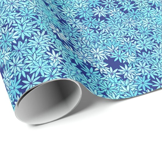 Papier Cadeau Fleurs bleu clair, fond bleu marine (Coin rond)