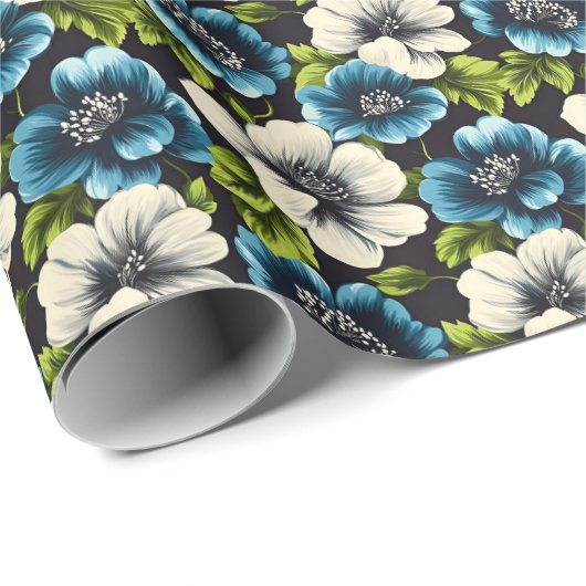 Papier Cadeau Fleurs Bleu foncé et Blanc (Coin rond)