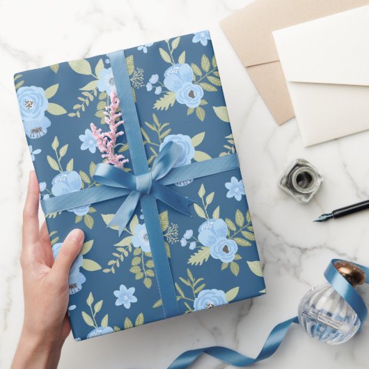 Papier Cadeau Fleurs Bleu Marine Verdure Rayures Bleues (Cadeaux)