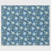 Papier Cadeau Fleurs Bleu Marine Verdure Rayures Bleues (Plat)