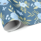 Papier Cadeau Fleurs Bleu Marine Verdure Rayures Bleues (Coin rond)