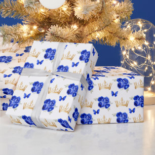 Papier Cadeau Fleurs Bleu Royal et Couronnes d'Or