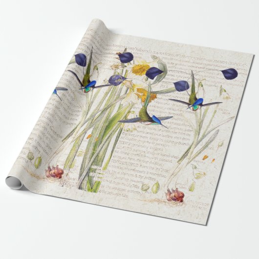 Papier Cadeau Fleurs bleues de narcisse de jonquille de colibris (Déroulé)