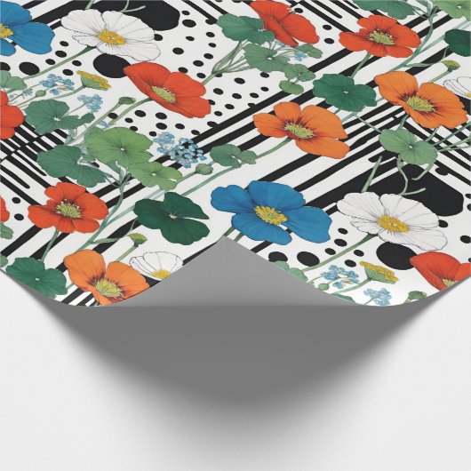 Papier Cadeau Fleurs Bleues Et Blances Oranges, Noires Et Blanch (Coin)