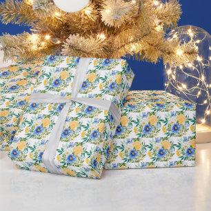 Papier Cadeau Fleurs bleues et jaunes 