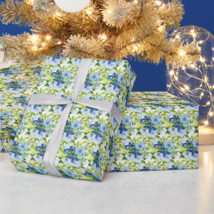 Papier Cadeau Fleurs bleues et navy avec feuillage