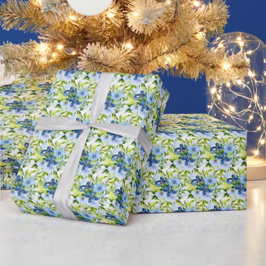 Papier Cadeau Fleurs bleues et navy avec feuillage (Vacances)