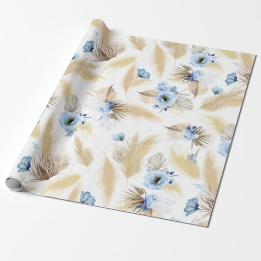 Papier Cadeau Fleurs bleues et Pampas Élégant en laiton (Déroulé)