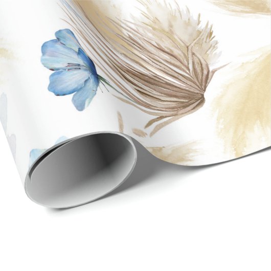 Papier Cadeau Fleurs bleues et Pampas Élégant en laiton (Coin rond)