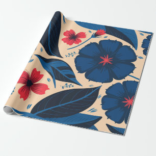 Papier Cadeau Fleurs bleues et rouges, avec Feuilles bleu foncé
