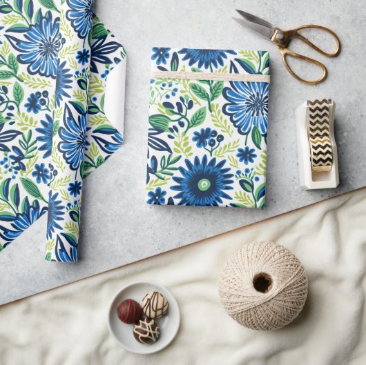 Papier Cadeau Fleurs Bleues Et Vertes (Artisanat)