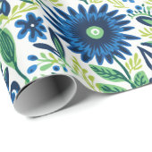 Papier Cadeau Fleurs Bleues Et Vertes (Coin rond)
