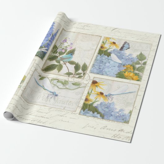 Papier Cadeau Fleurs Bleues Fleurs de soleil Dragonfly Script Dé (Déroulé)